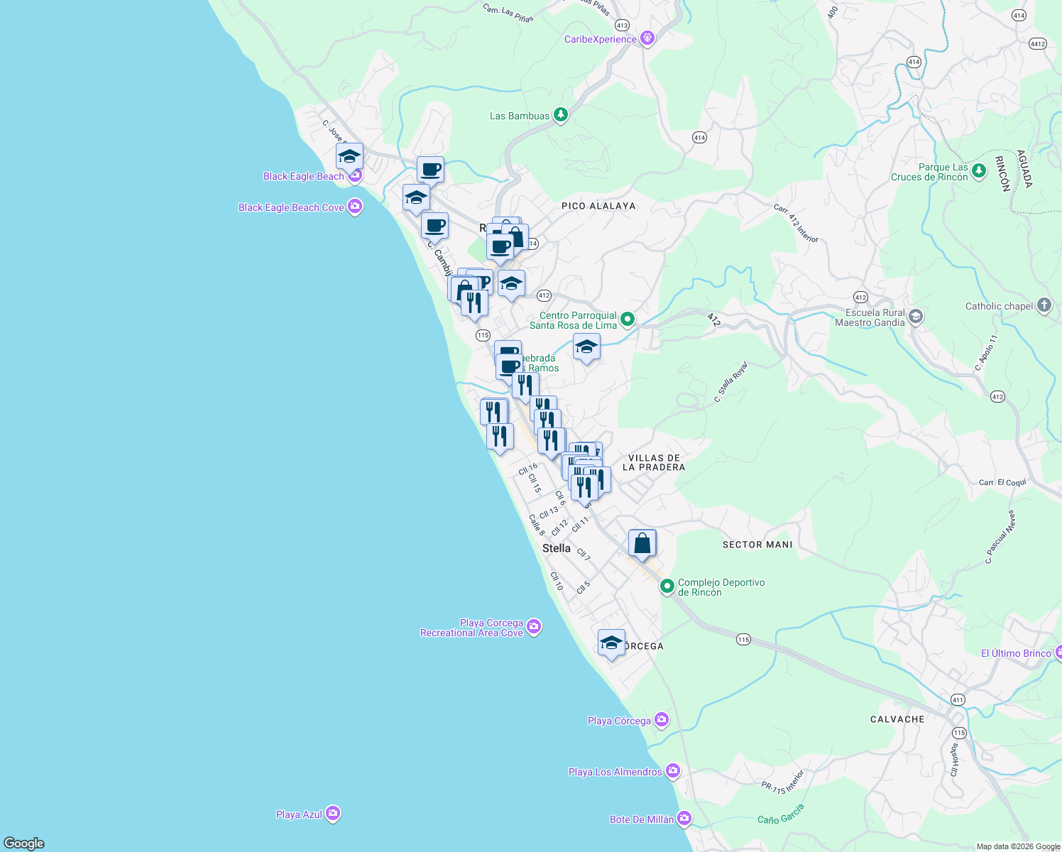 map of restaurants, bars, coffee shops, grocery stores, and more near 16 Puerto Rico 115 in Aguada