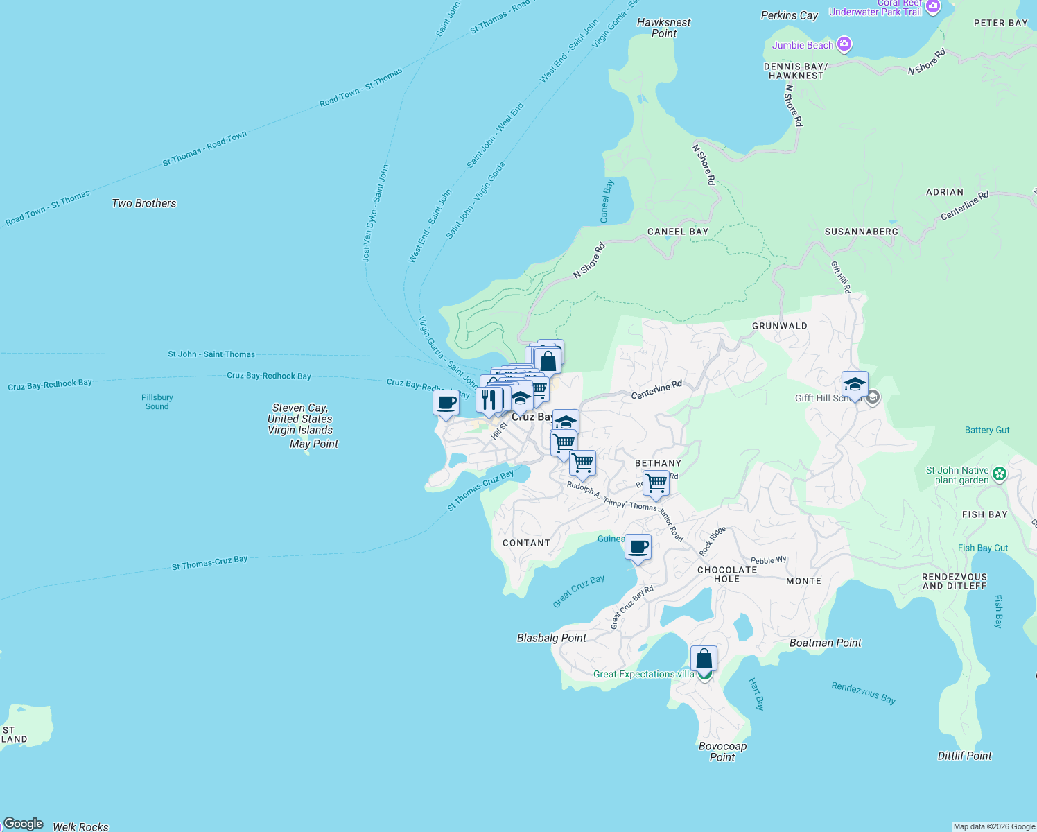 map of restaurants, bars, coffee shops, grocery stores, and more near Prince Street in Cruz Bay