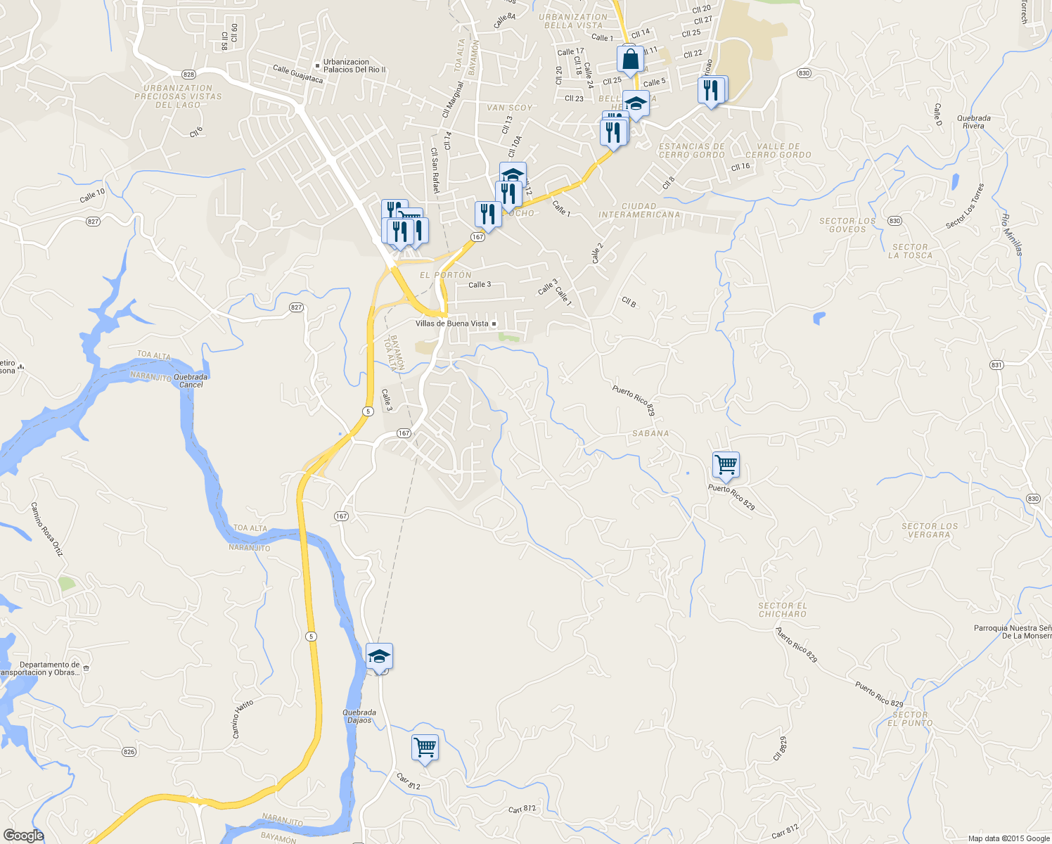 map of restaurants, bars, coffee shops, grocery stores, and more near Cam Valentin in Bayamón