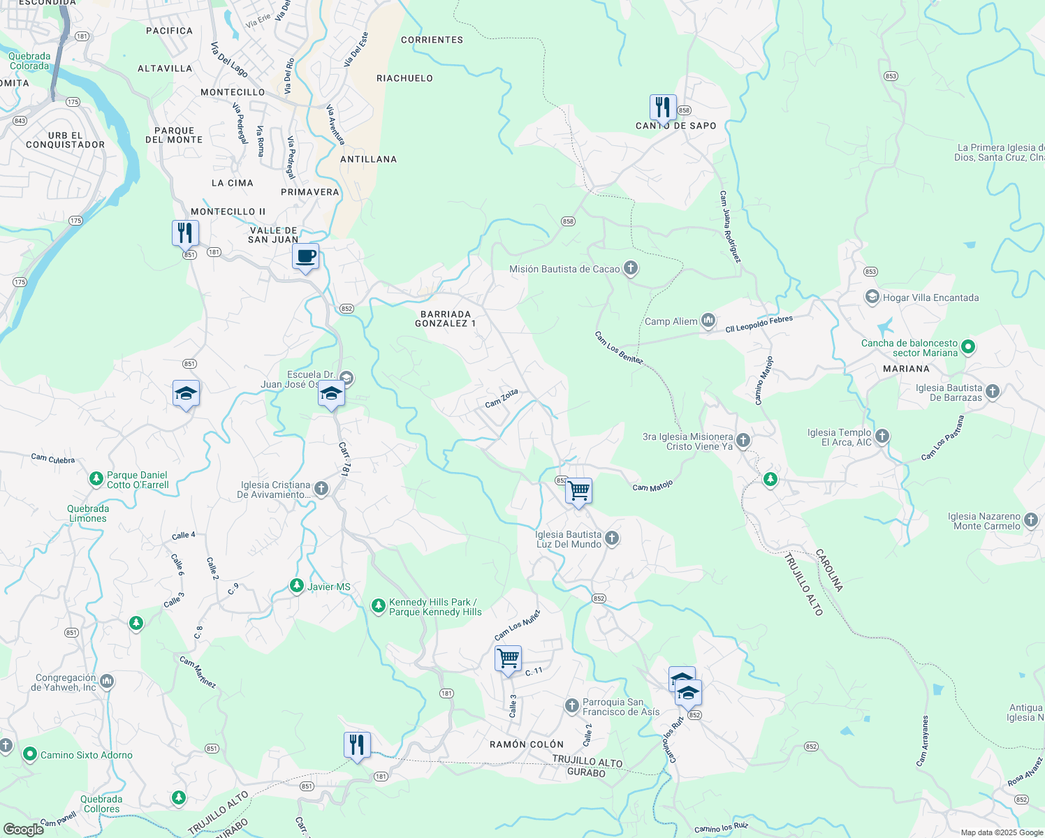 map of restaurants, bars, coffee shops, grocery stores, and more near Camino Xiomara in Trujillo Alto