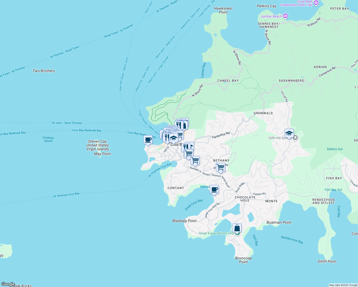 map of restaurants, bars, coffee shops, grocery stores, and more near Highway 10 in Cruz Bay