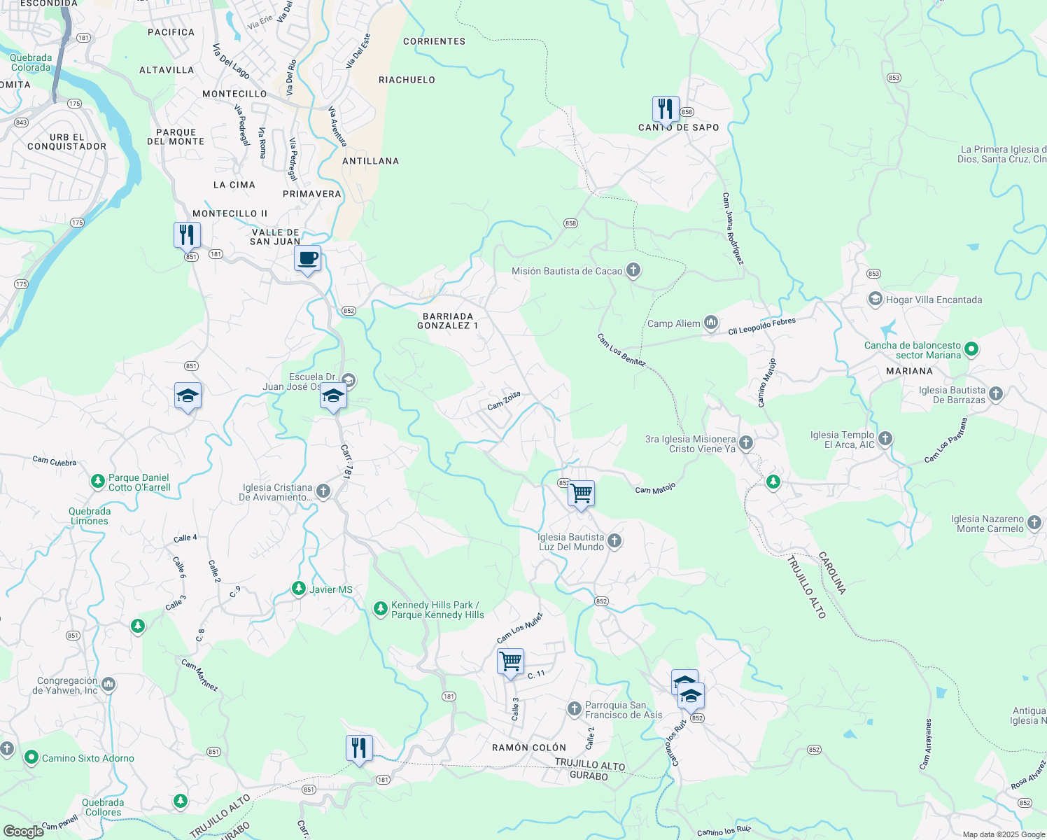 map of restaurants, bars, coffee shops, grocery stores, and more near Camino Xiomara in Quebrada Grande