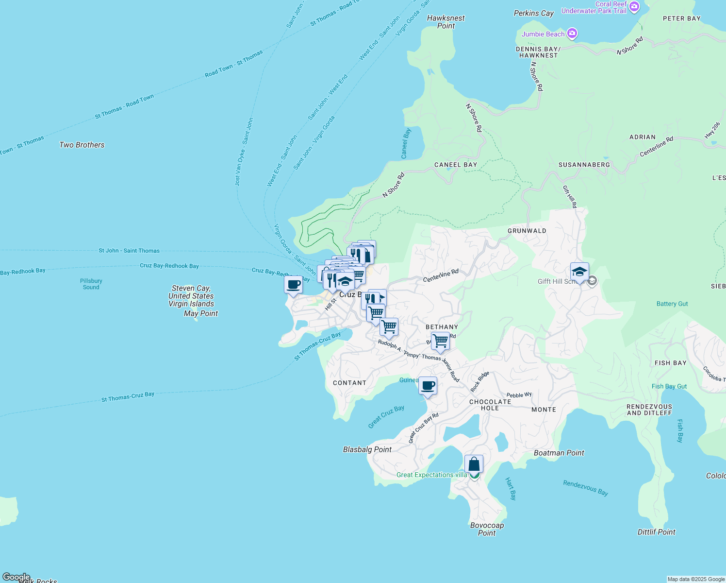 map of restaurants, bars, coffee shops, grocery stores, and more near in Cruz Bay