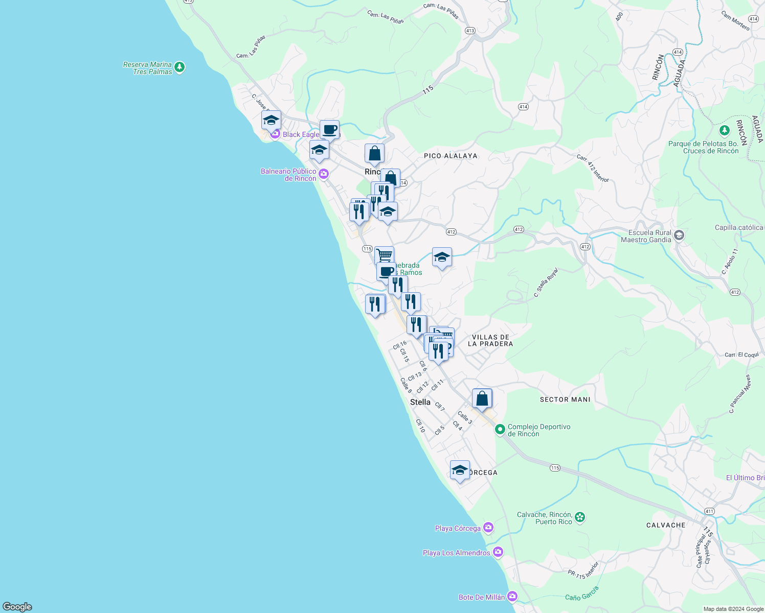 map of restaurants, bars, coffee shops, grocery stores, and more near 26 Sea Beach Drive in Rincon