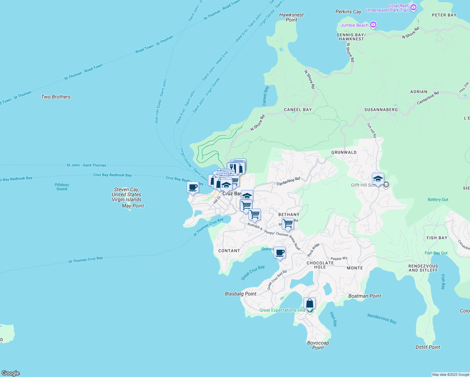 map of restaurants, bars, coffee shops, grocery stores, and more near Highway 10 in Cruz Bay