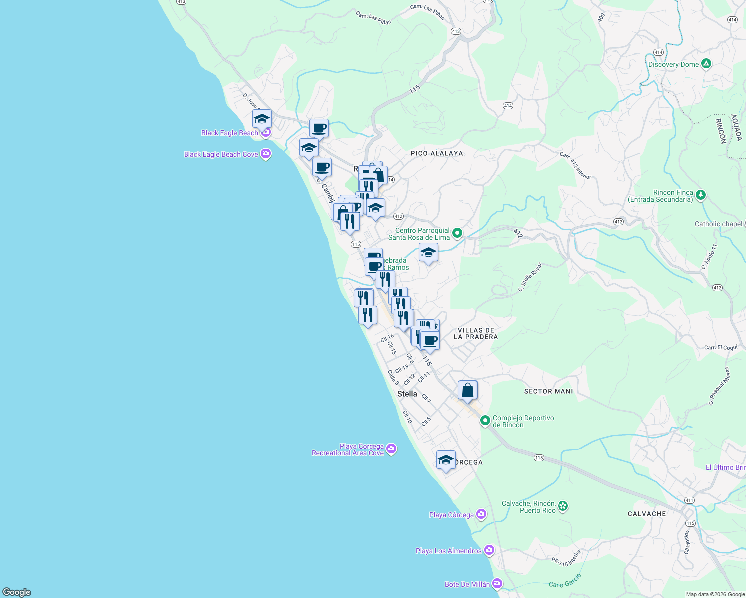 map of restaurants, bars, coffee shops, grocery stores, and more near 26 Sea Beach Drive in Rincon