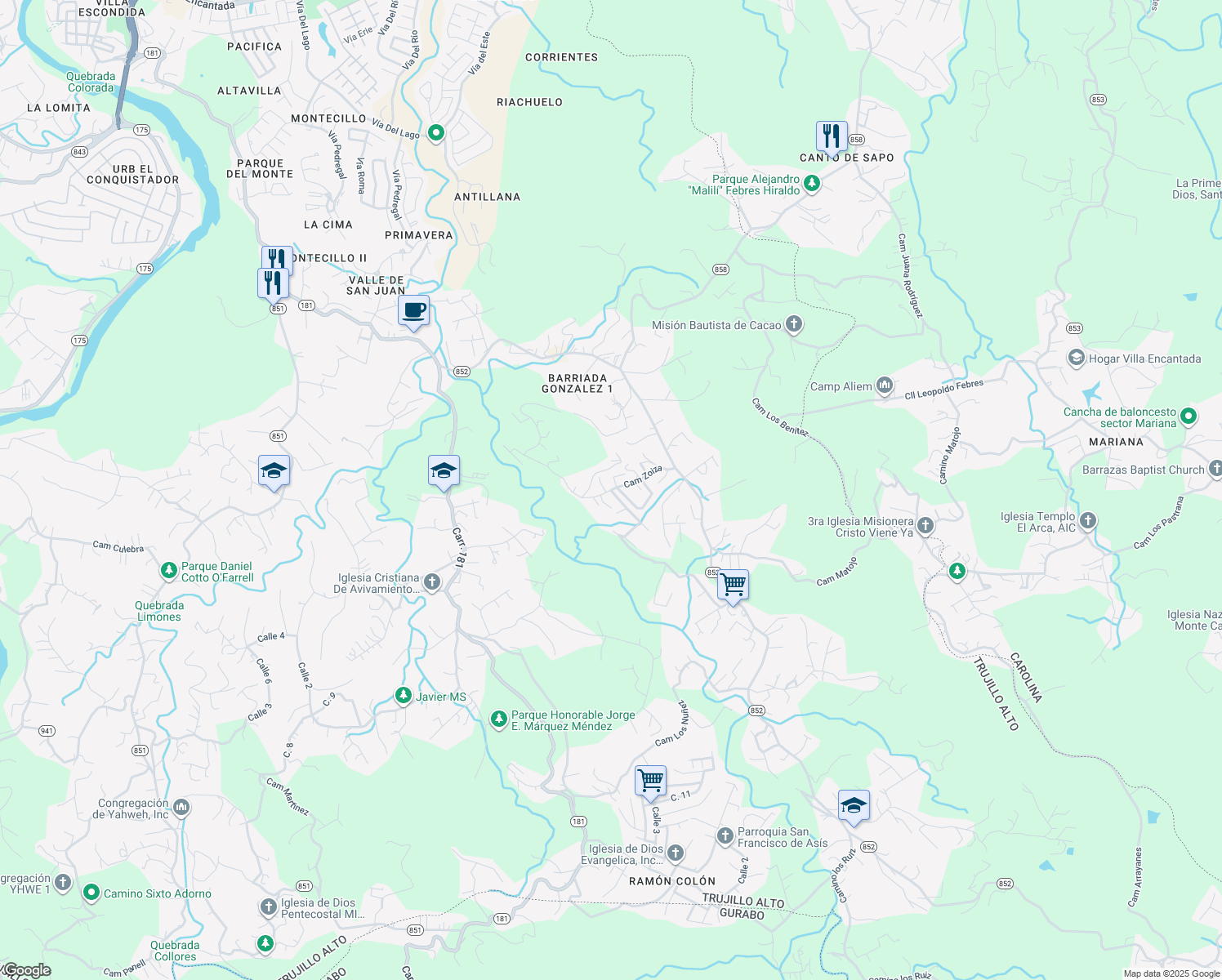 map of restaurants, bars, coffee shops, grocery stores, and more near Camino Zoiza in Trujillo Alto