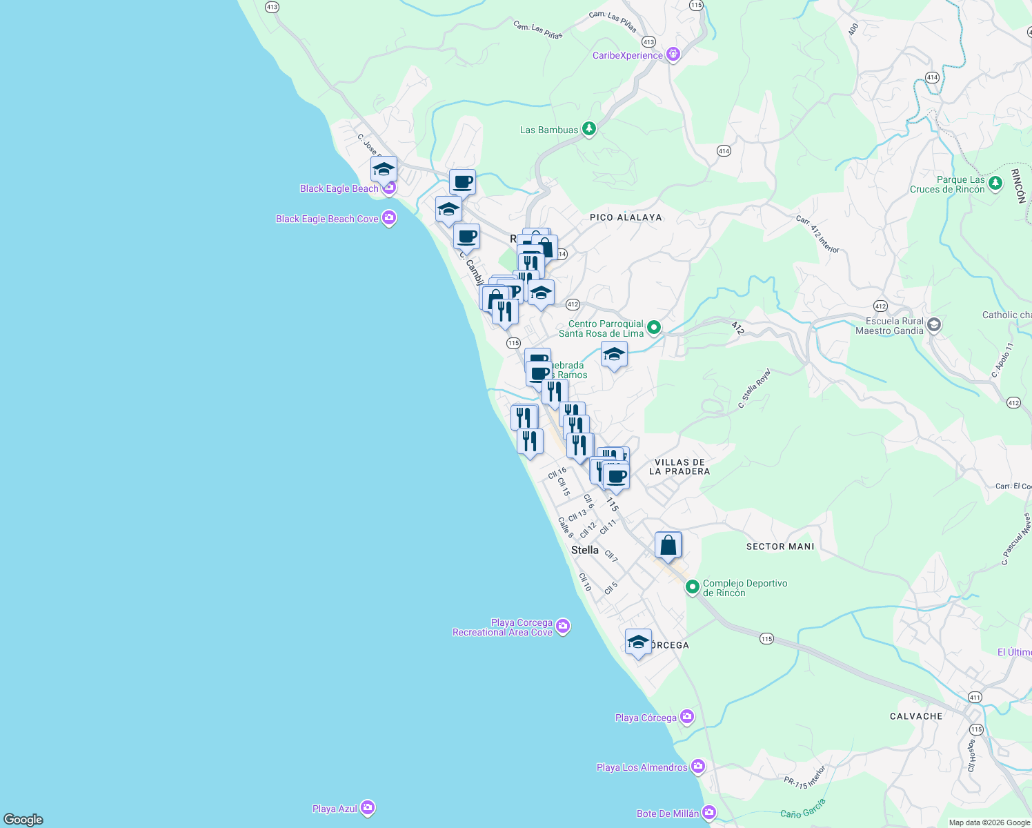 map of restaurants, bars, coffee shops, grocery stores, and more near 26 Sea Beach Drive in Rincon