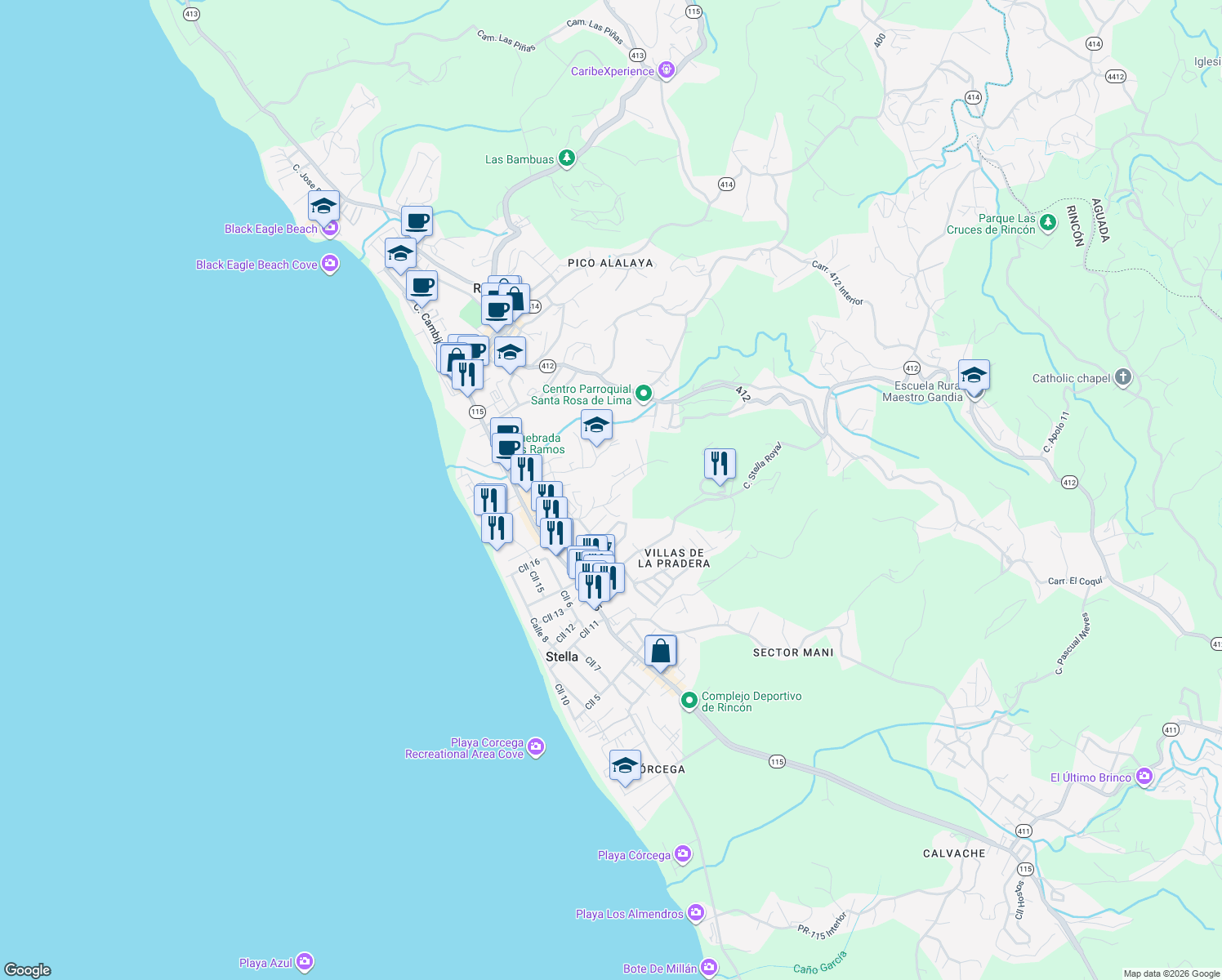 map of restaurants, bars, coffee shops, grocery stores, and more near Avenida Vista Mar in Pueblo