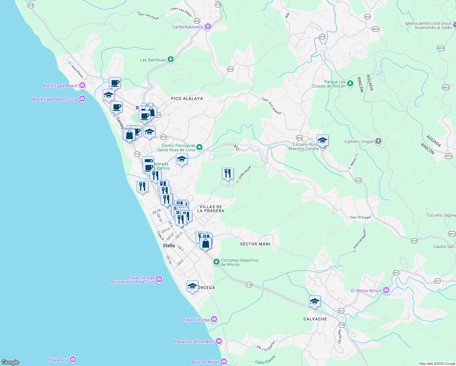 map of restaurants, bars, coffee shops, grocery stores, and more near Villas de La Pradera in Rincón