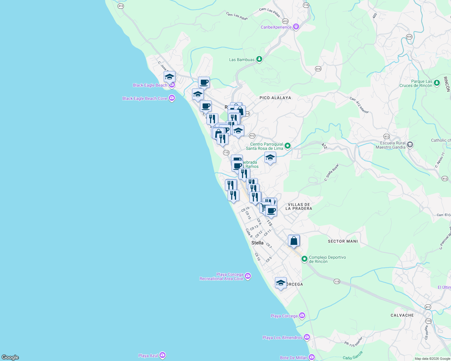 map of restaurants, bars, coffee shops, grocery stores, and more near Canal Avenue in Aguada