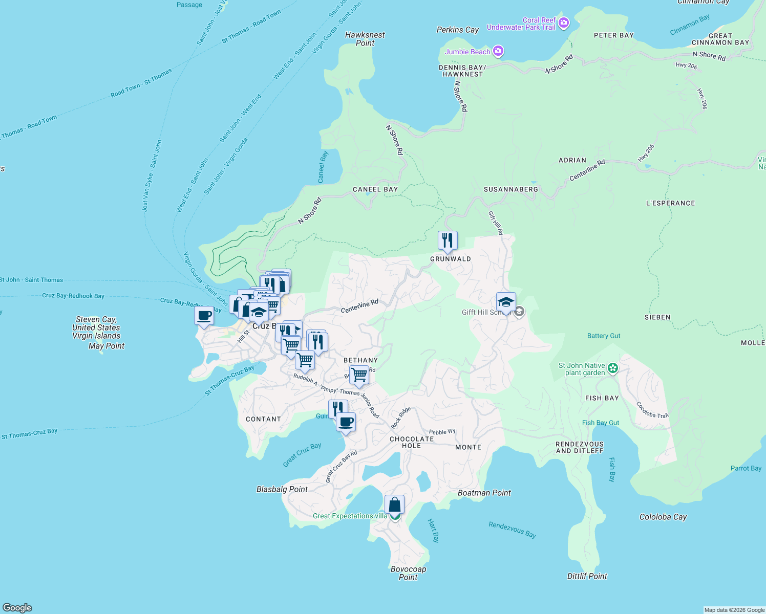 map of restaurants, bars, coffee shops, grocery stores, and more near in Cruz Bay