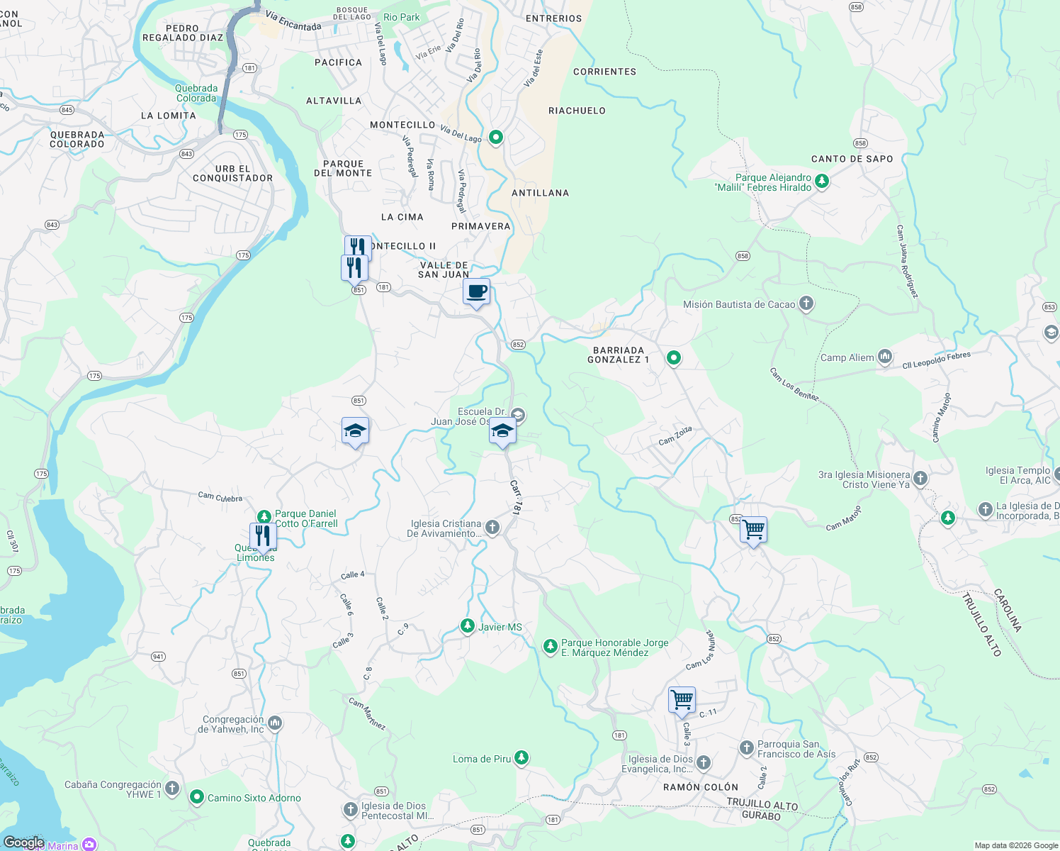 map of restaurants, bars, coffee shops, grocery stores, and more near in Trujillo Alto