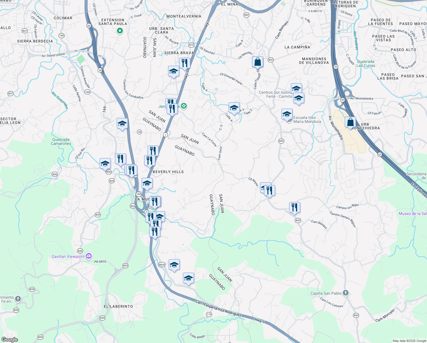 map of restaurants, bars, coffee shops, grocery stores, and more near Camino La Roca in San Juan