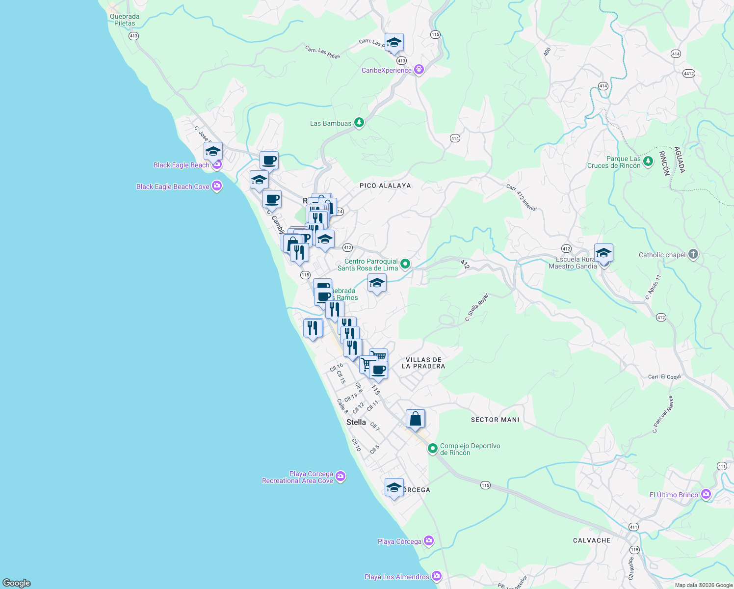 map of restaurants, bars, coffee shops, grocery stores, and more near in Rincon