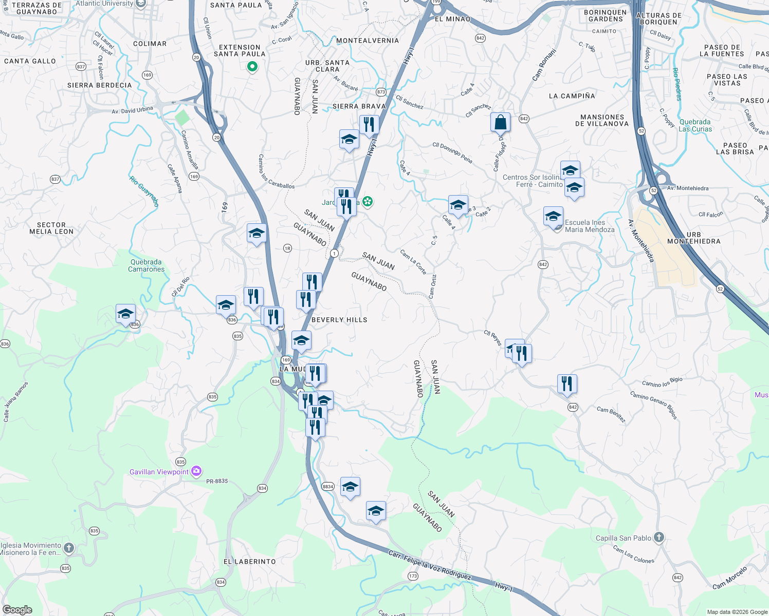 map of restaurants, bars, coffee shops, grocery stores, and more near Camino La Roca in San Juan