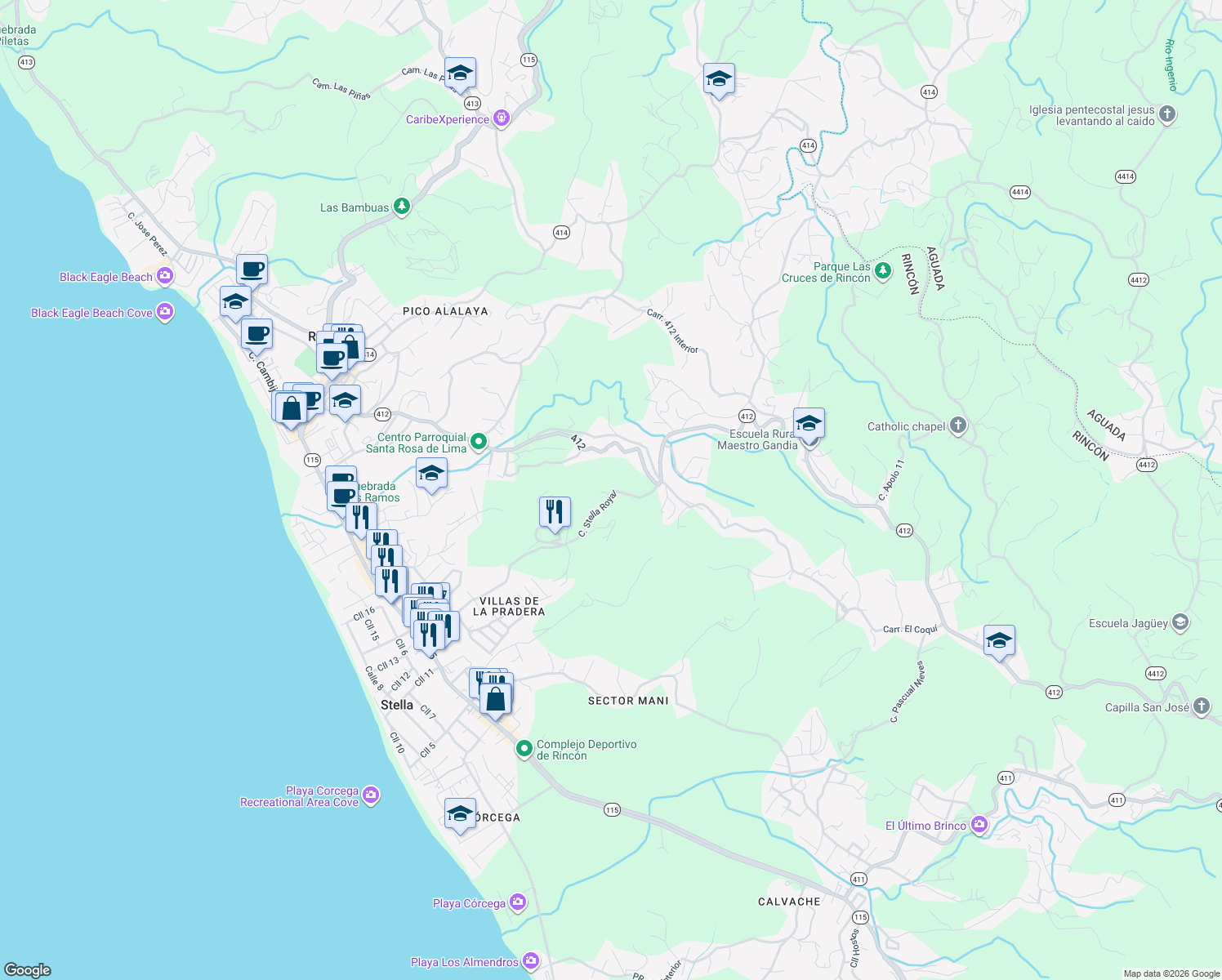 map of restaurants, bars, coffee shops, grocery stores, and more near Highway 412 in Aguada