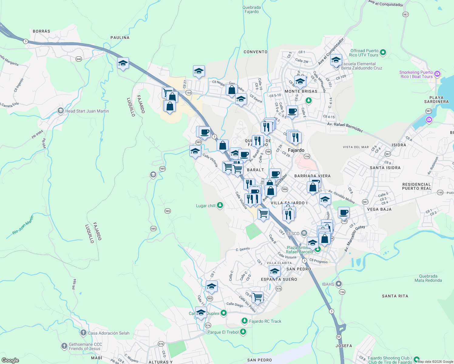 map of restaurants, bars, coffee shops, grocery stores, and more near 1 Avenida Baralt in Fajardo