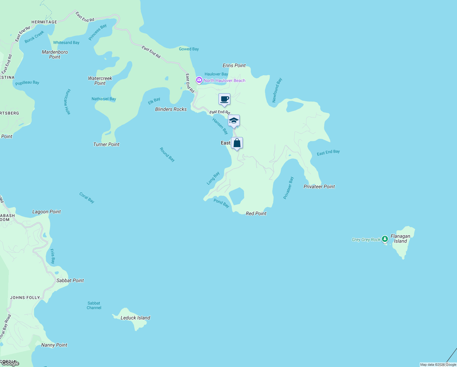 map of restaurants, bars, coffee shops, grocery stores, and more near 4760 Long Bay Road in East End