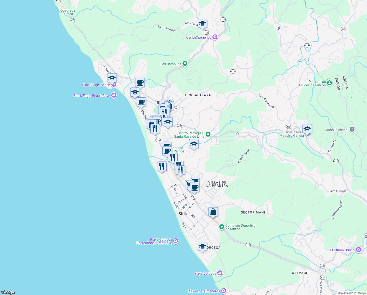 map of restaurants, bars, coffee shops, grocery stores, and more near Calle in Rincón