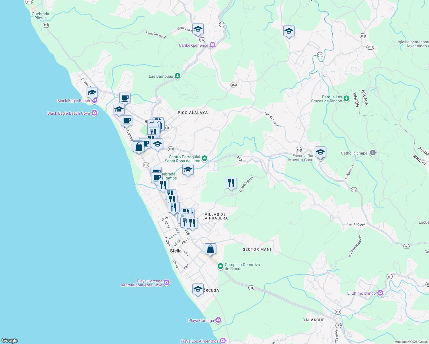 map of restaurants, bars, coffee shops, grocery stores, and more near Avenida Vista Mar in Aguada