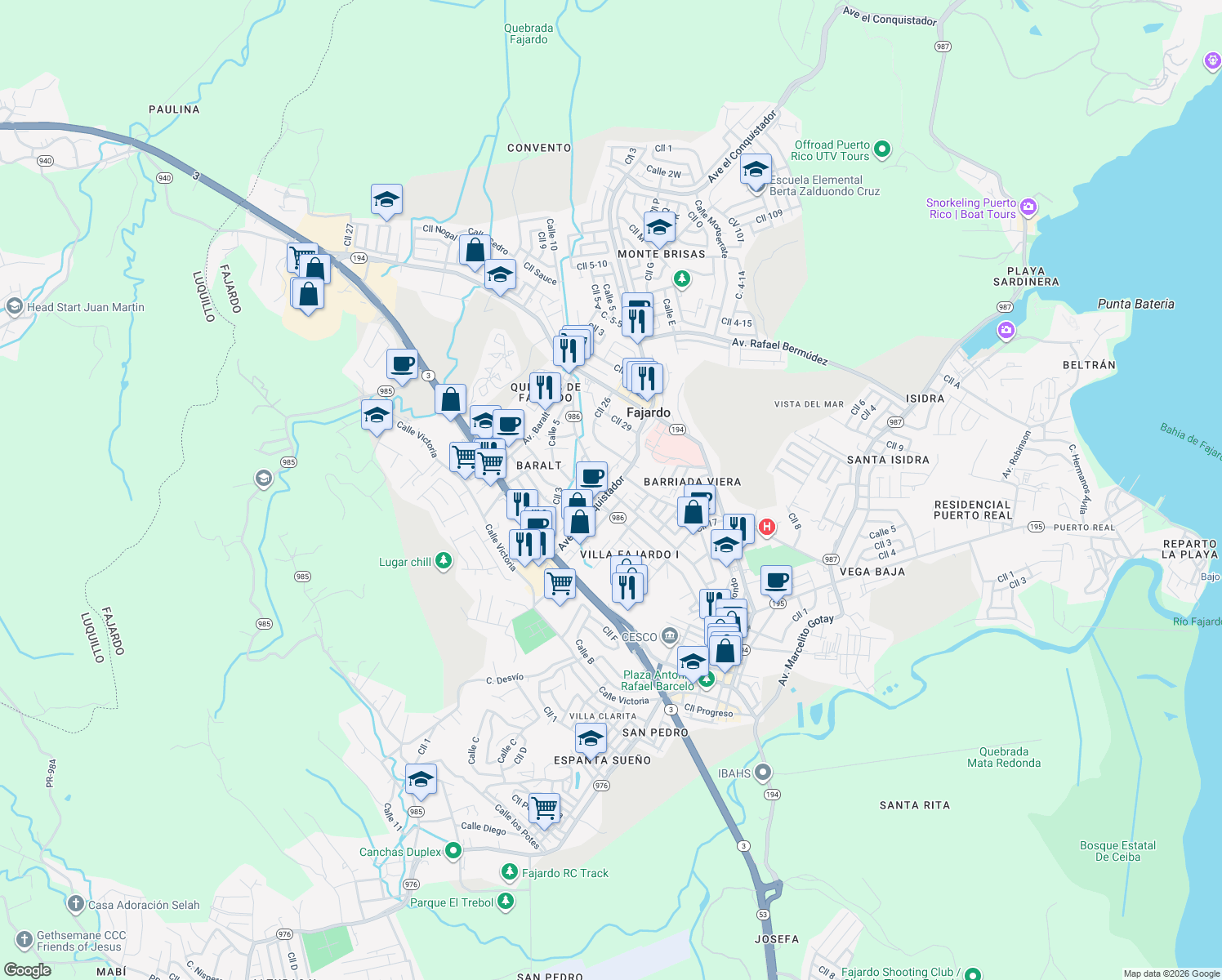 map of restaurants, bars, coffee shops, grocery stores, and more near Avenida A in Fajardo