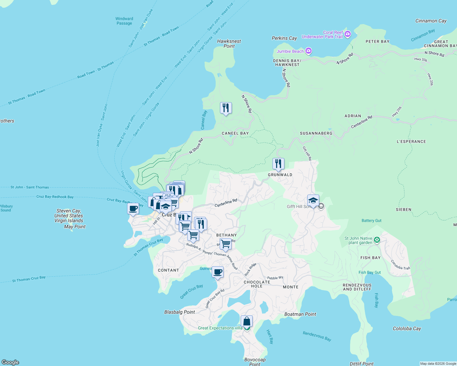 map of restaurants, bars, coffee shops, grocery stores, and more near in Cruz Bay