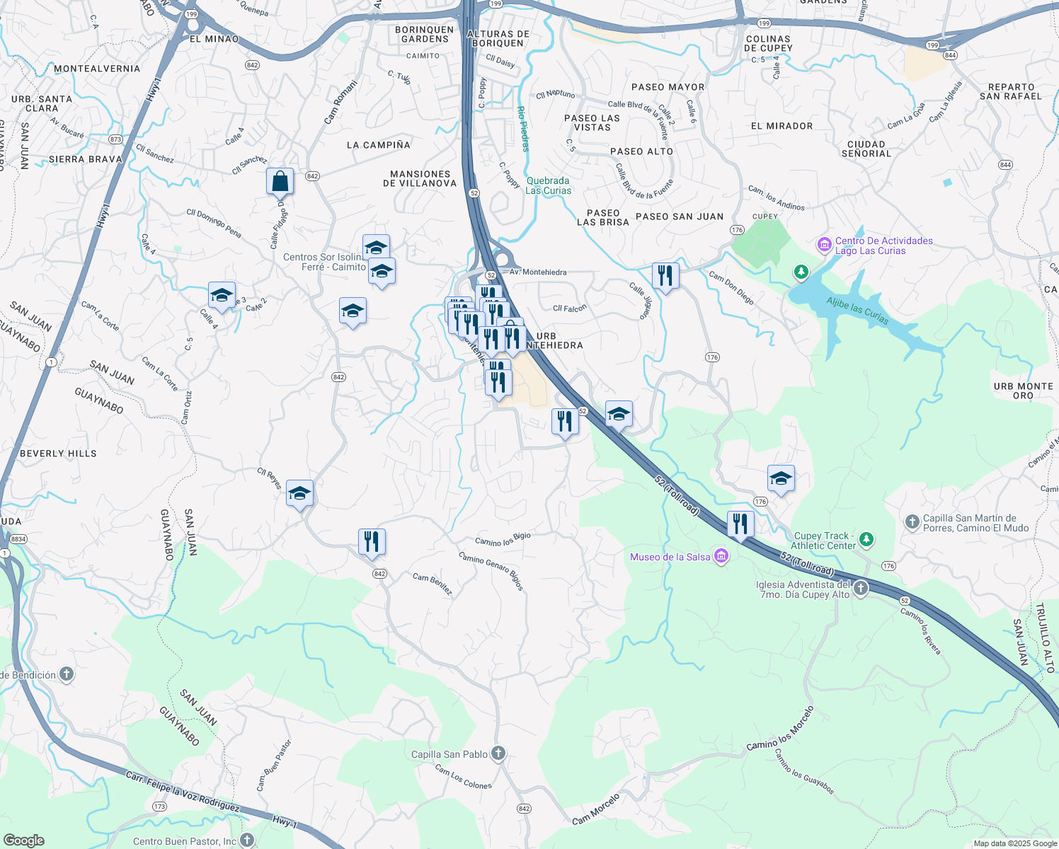 map of restaurants, bars, coffee shops, grocery stores, and more near Calle Los Romeros in San Juan