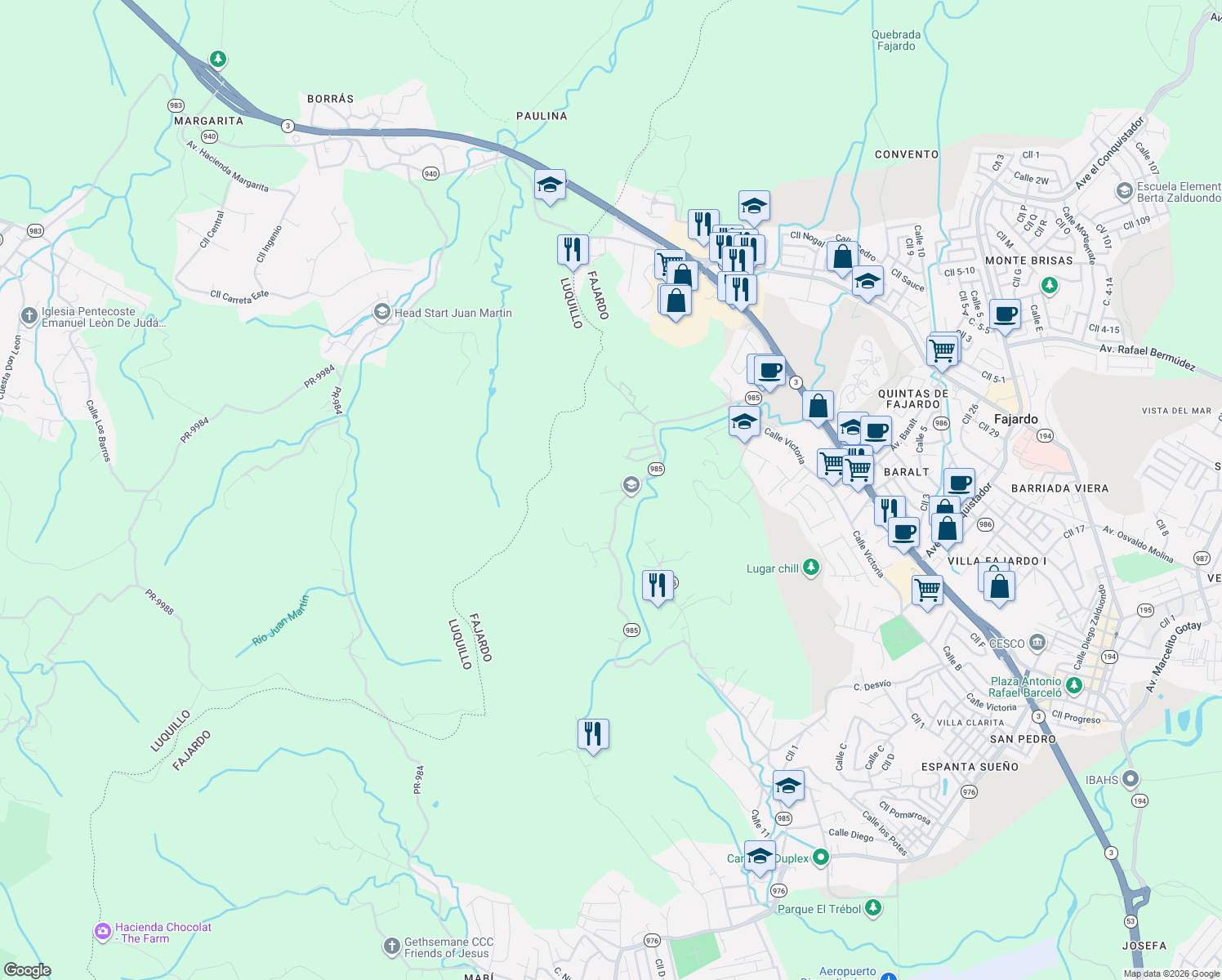 map of restaurants, bars, coffee shops, grocery stores, and more near Puerto Rico 985 in Fajardo