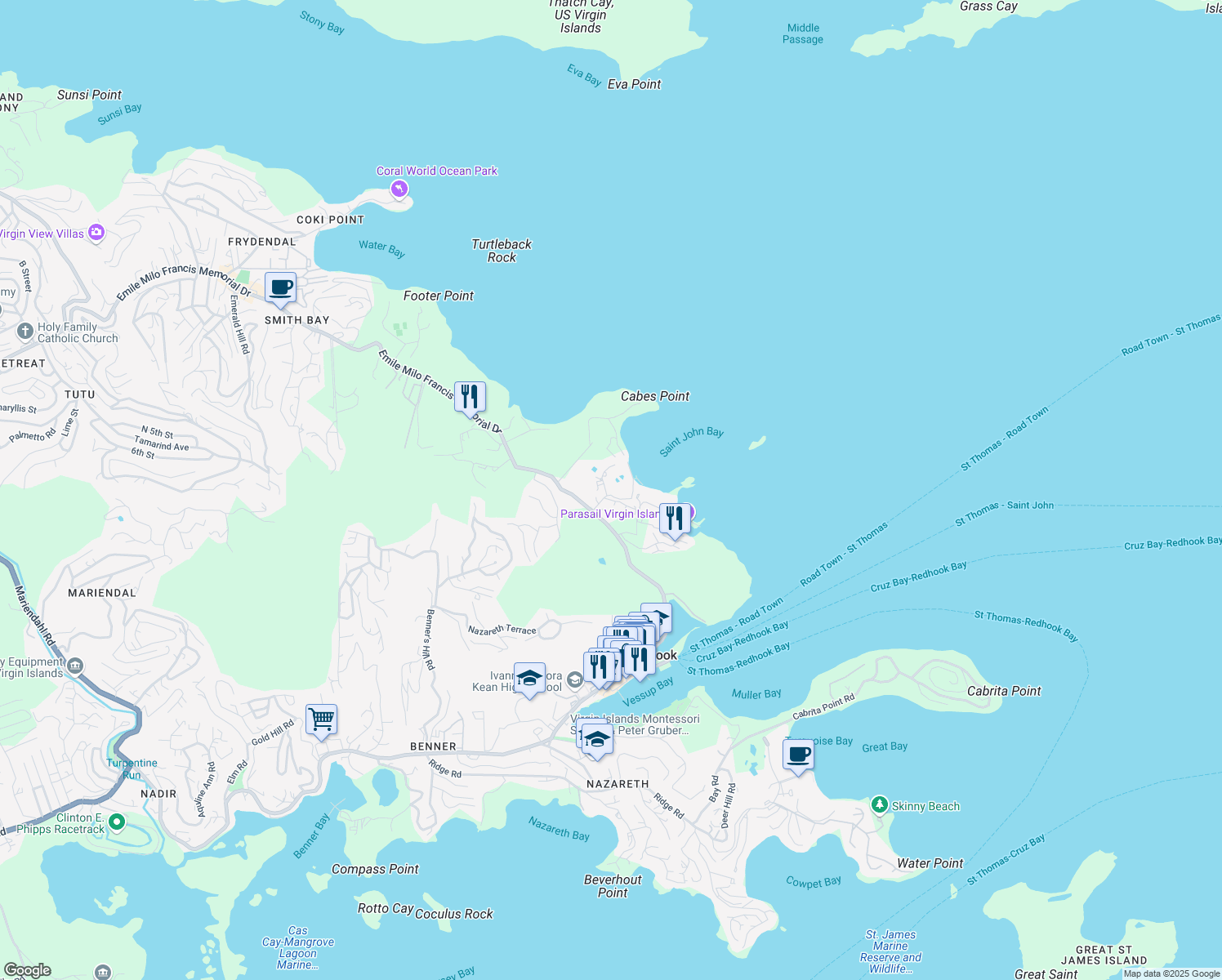 map of restaurants, bars, coffee shops, grocery stores, and more near 6720 Smith Bay Road in East End
