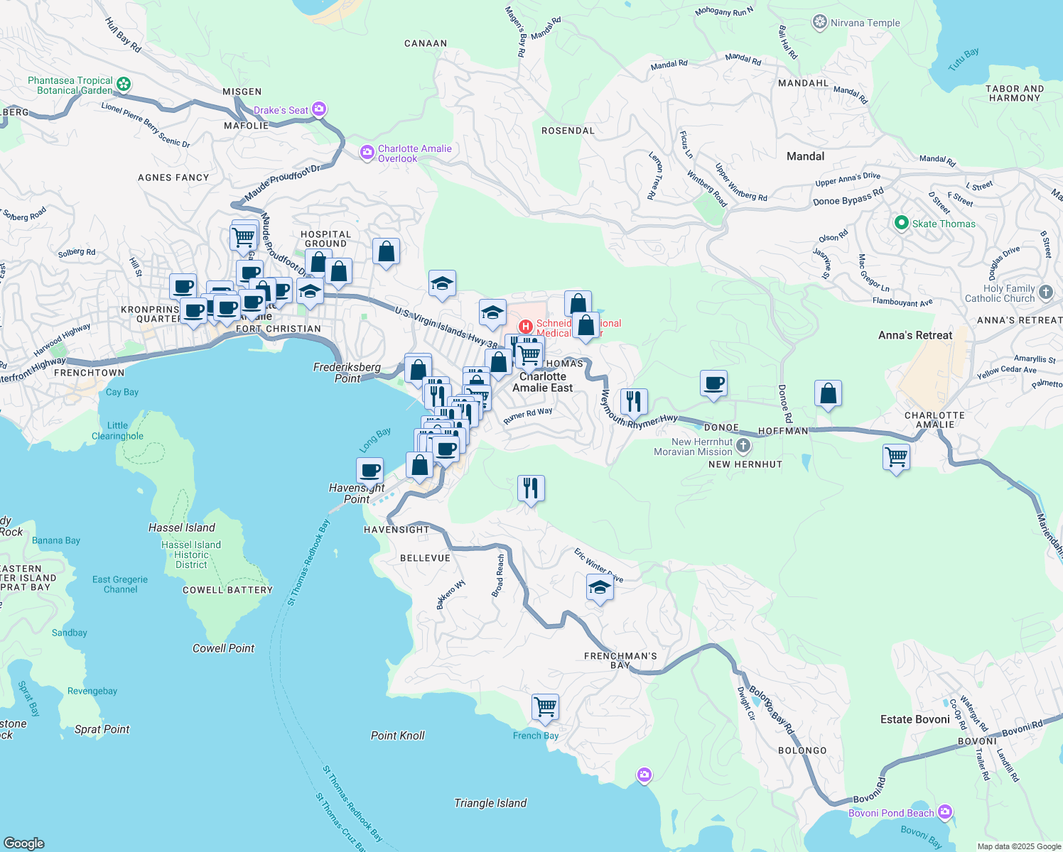 map of restaurants, bars, coffee shops, grocery stores, and more near in Charlotte Amalie East