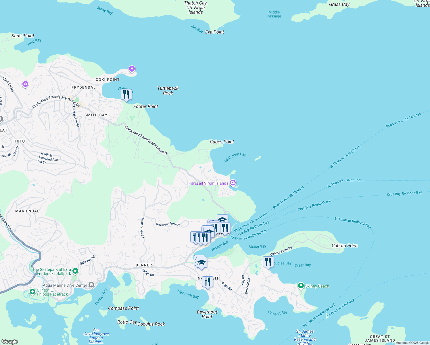 map of restaurants, bars, coffee shops, grocery stores, and more near 6720 Smith Bay Road in East End