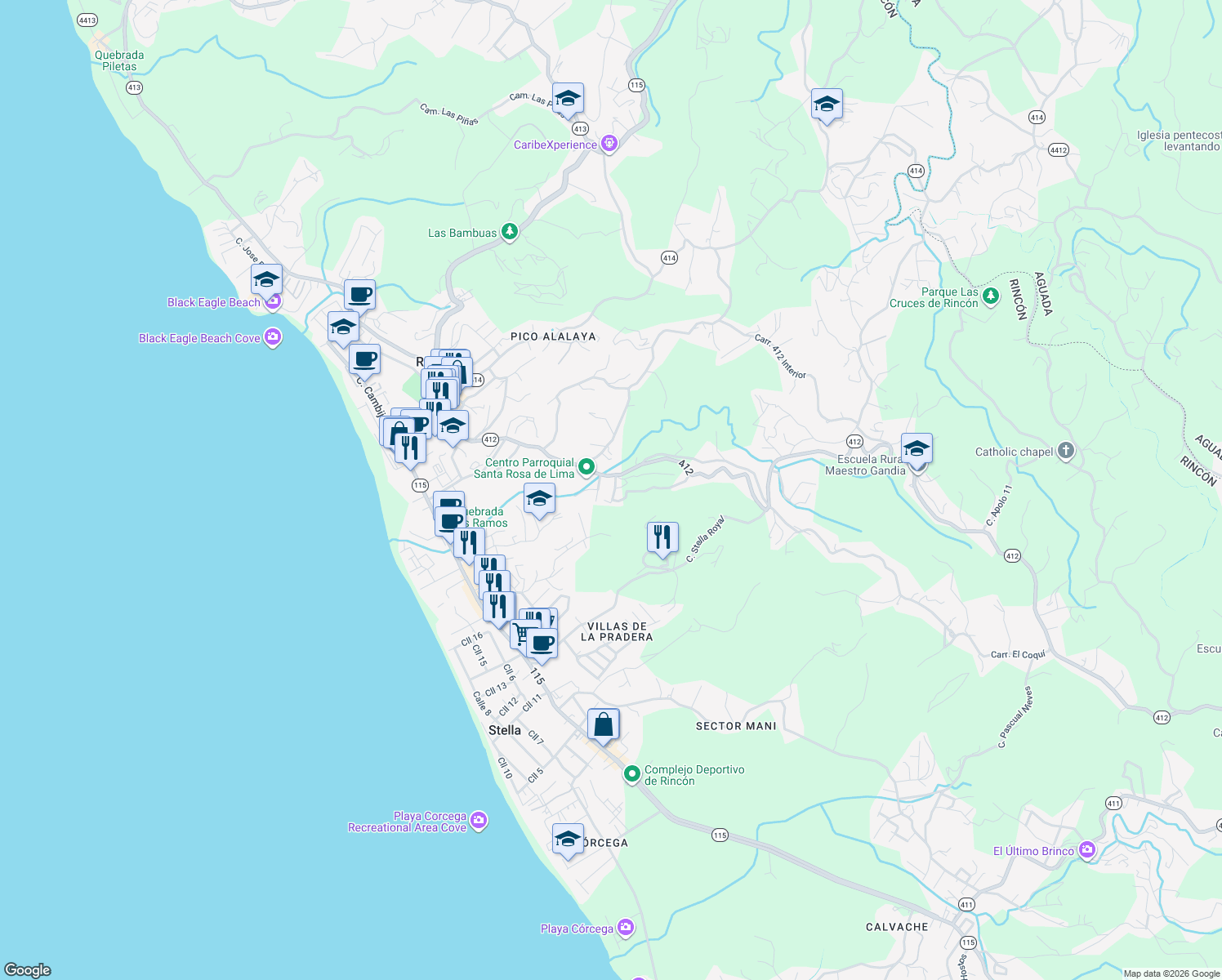 map of restaurants, bars, coffee shops, grocery stores, and more near Puerto Rico 412 in Rincón