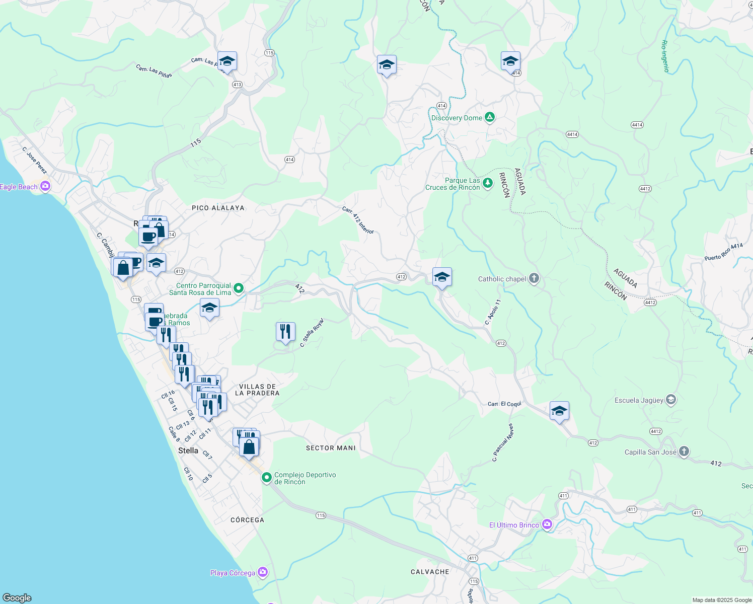 map of restaurants, bars, coffee shops, grocery stores, and more near in Rincon