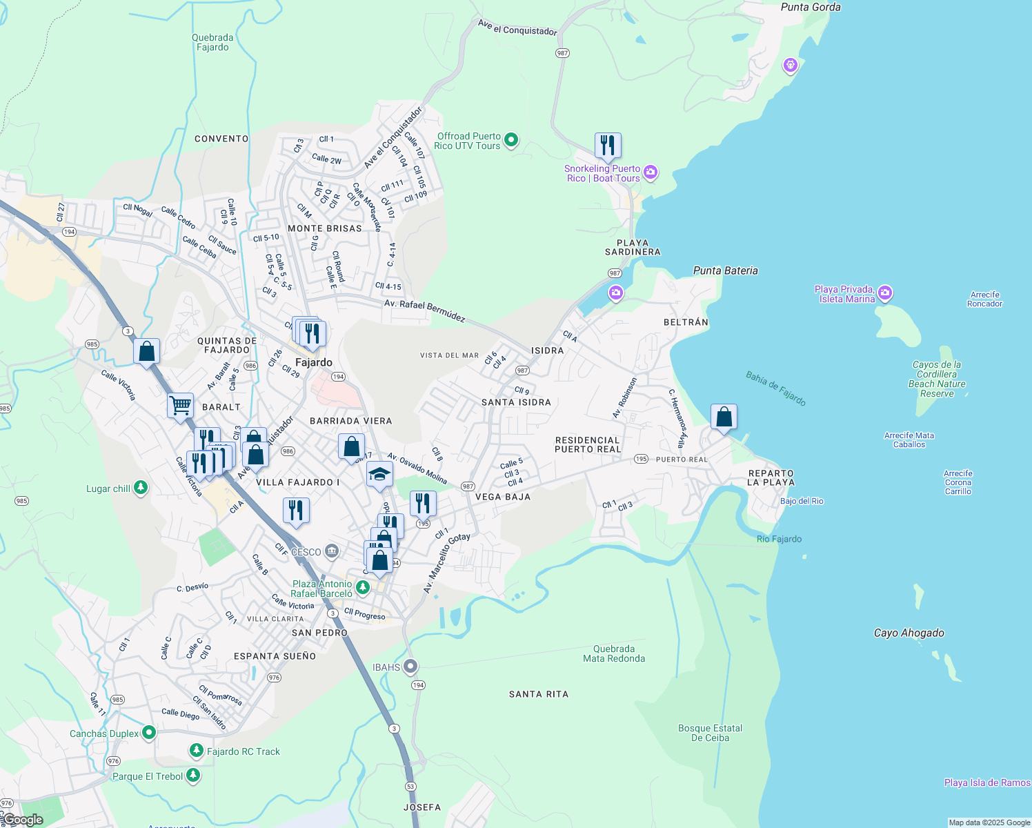 map of restaurants, bars, coffee shops, grocery stores, and more near in Fajardo