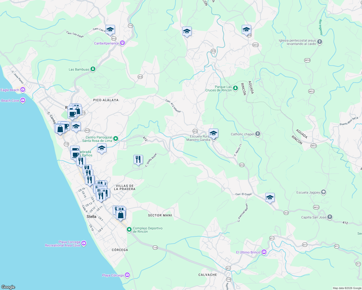 map of restaurants, bars, coffee shops, grocery stores, and more near in Rincon