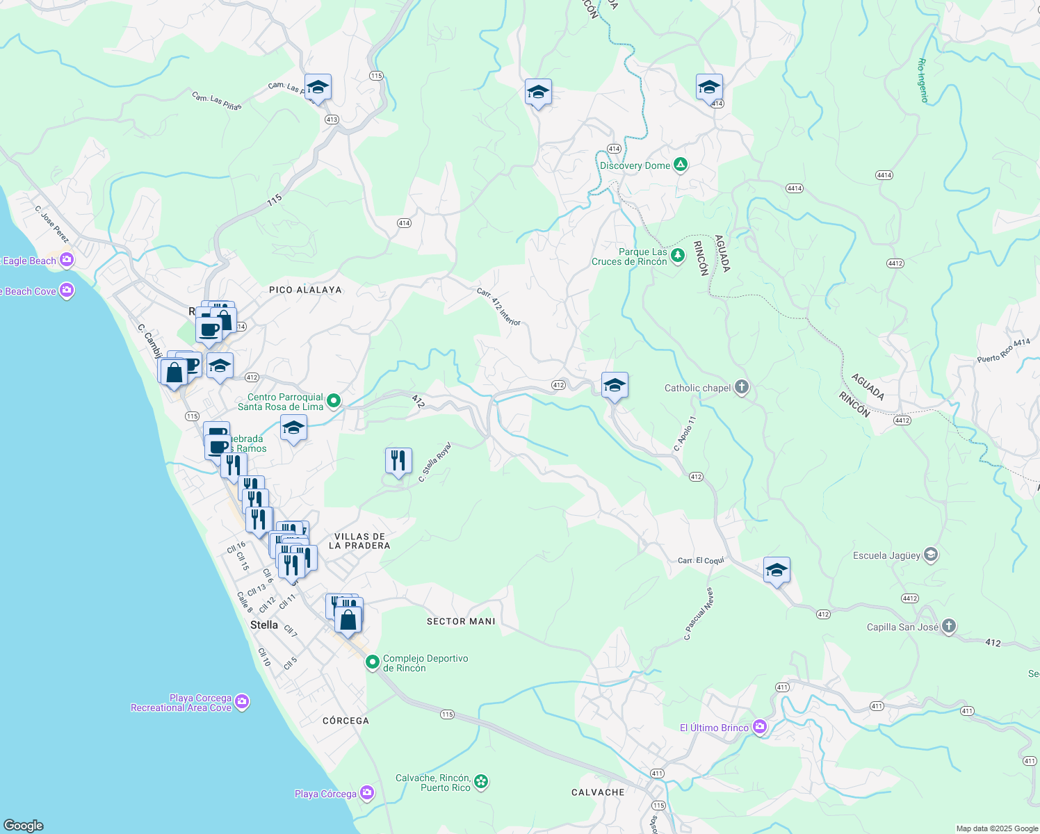 map of restaurants, bars, coffee shops, grocery stores, and more near in Rincon