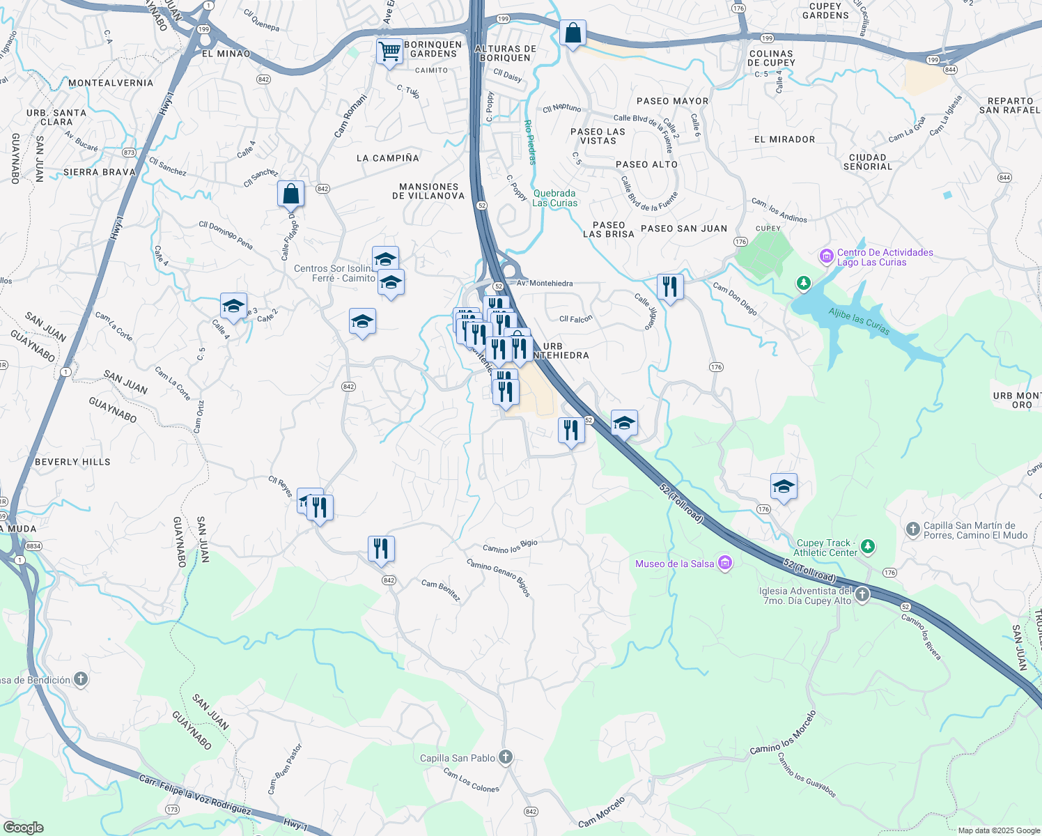 map of restaurants, bars, coffee shops, grocery stores, and more near Calle Los Romeros in San Juan