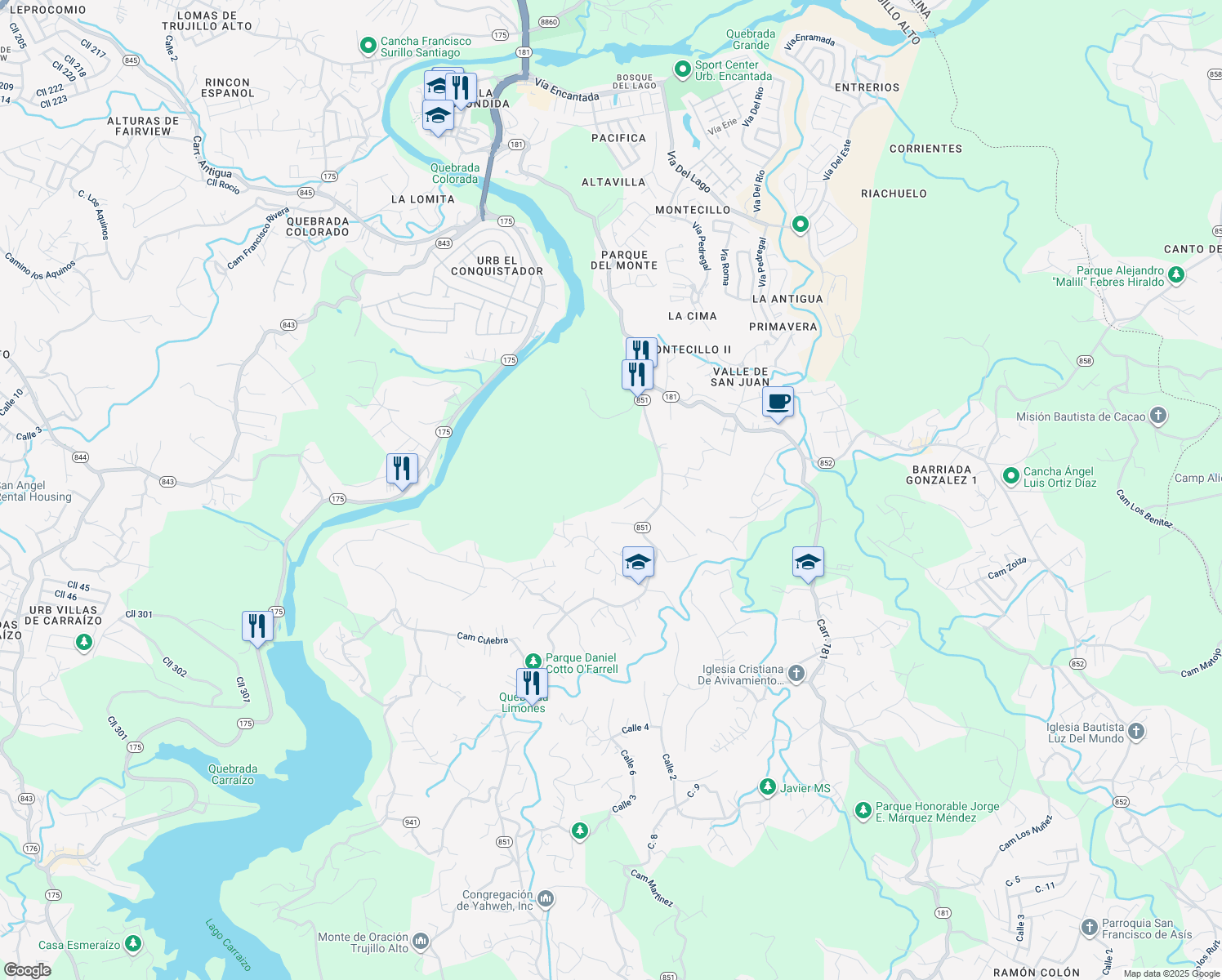 map of restaurants, bars, coffee shops, grocery stores, and more near Camino Cruz Alemán in Trujillo Alto