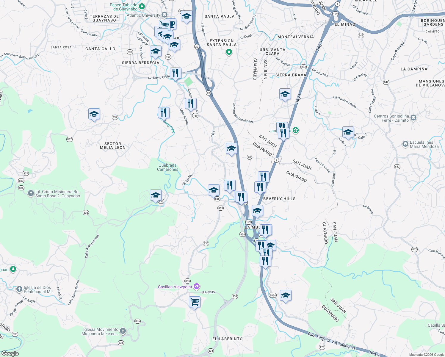 map of restaurants, bars, coffee shops, grocery stores, and more near Calle Kiros in Guaynabo