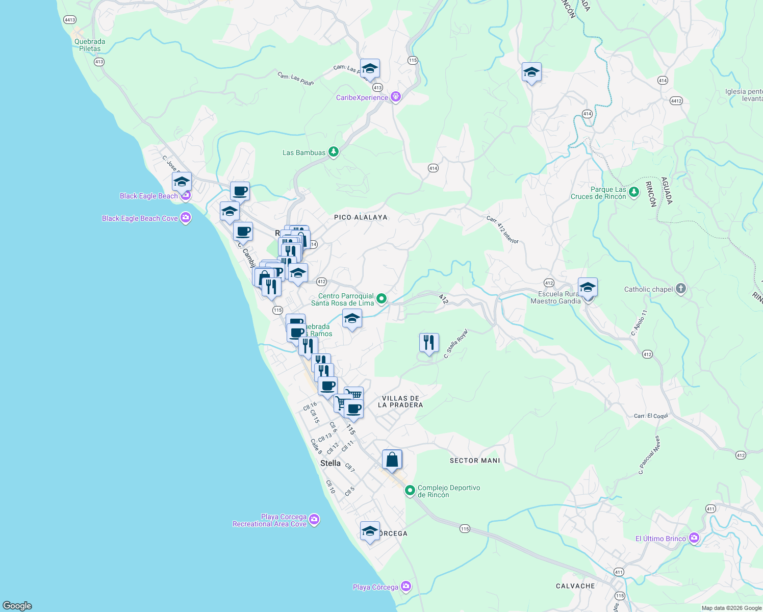 map of restaurants, bars, coffee shops, grocery stores, and more near 412 in Rincón