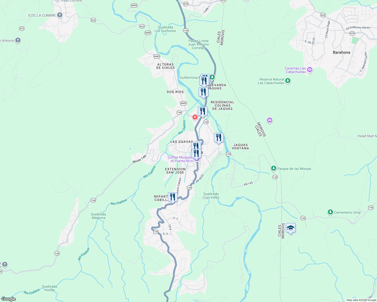 map of restaurants, bars, coffee shops, grocery stores, and more near in Ciales