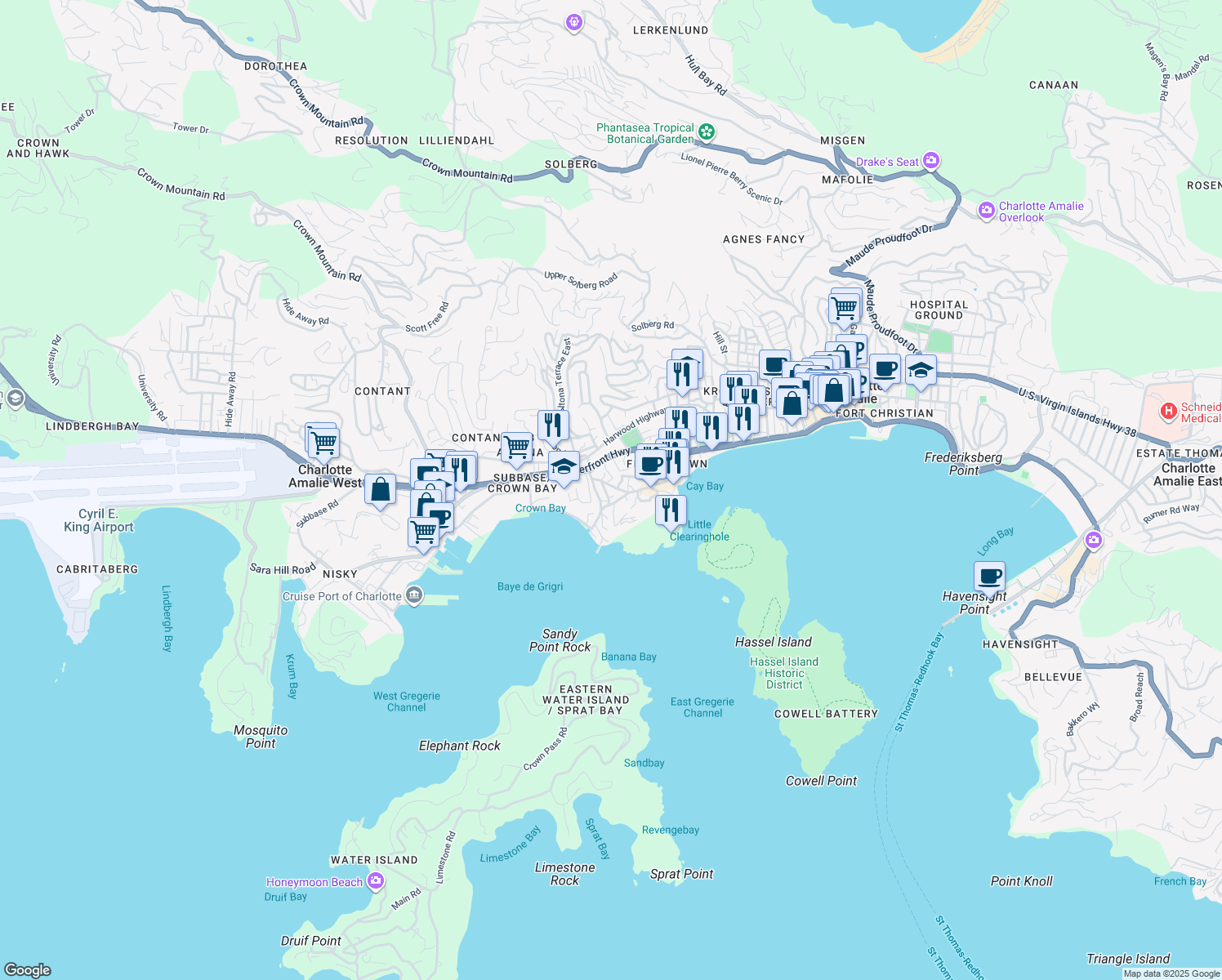 map of restaurants, bars, coffee shops, grocery stores, and more near Rue De Saint Barthelemy in Charlotte Amalie