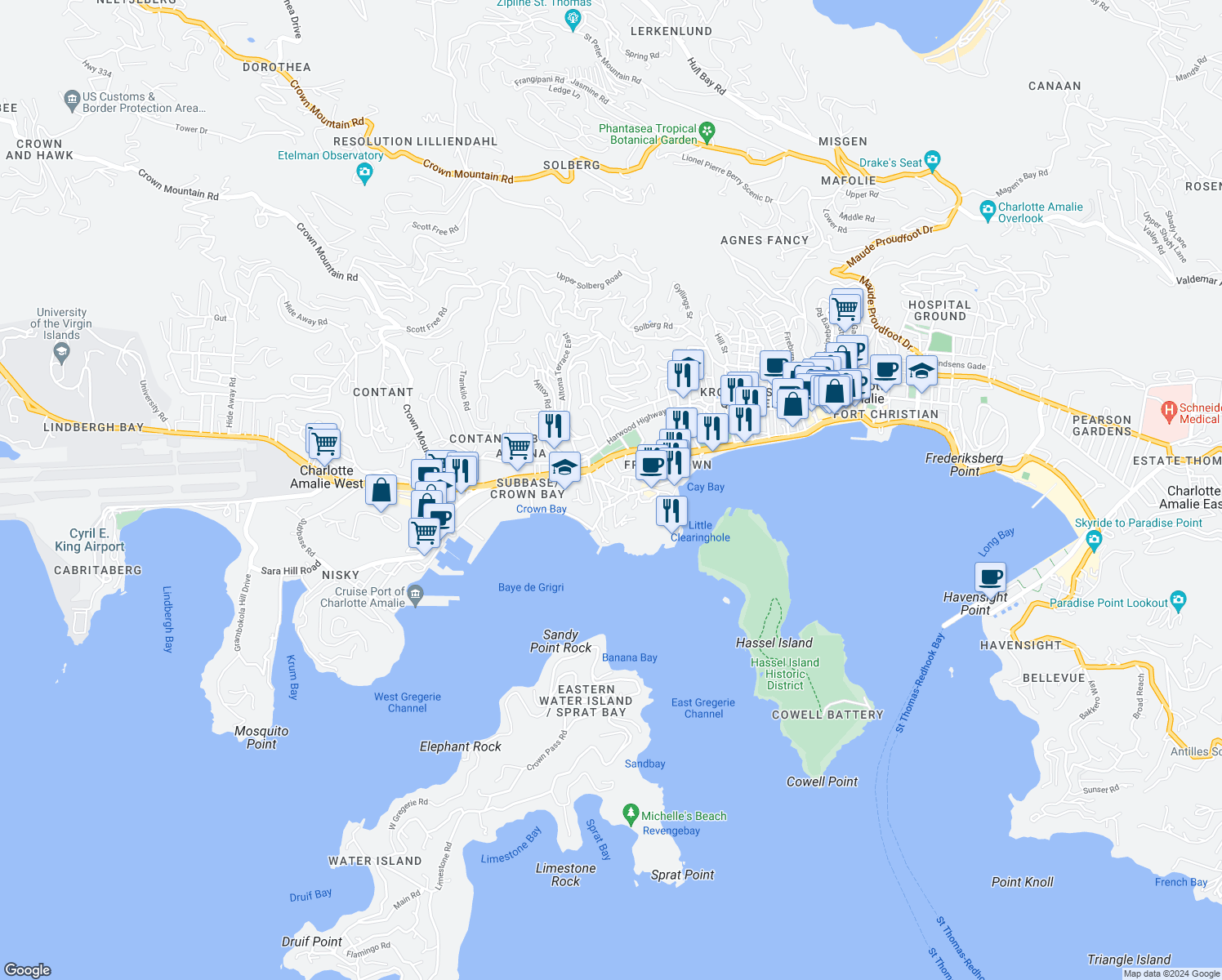 map of restaurants, bars, coffee shops, grocery stores, and more near Rue De Saint Barthelemy in Charlotte Amalie