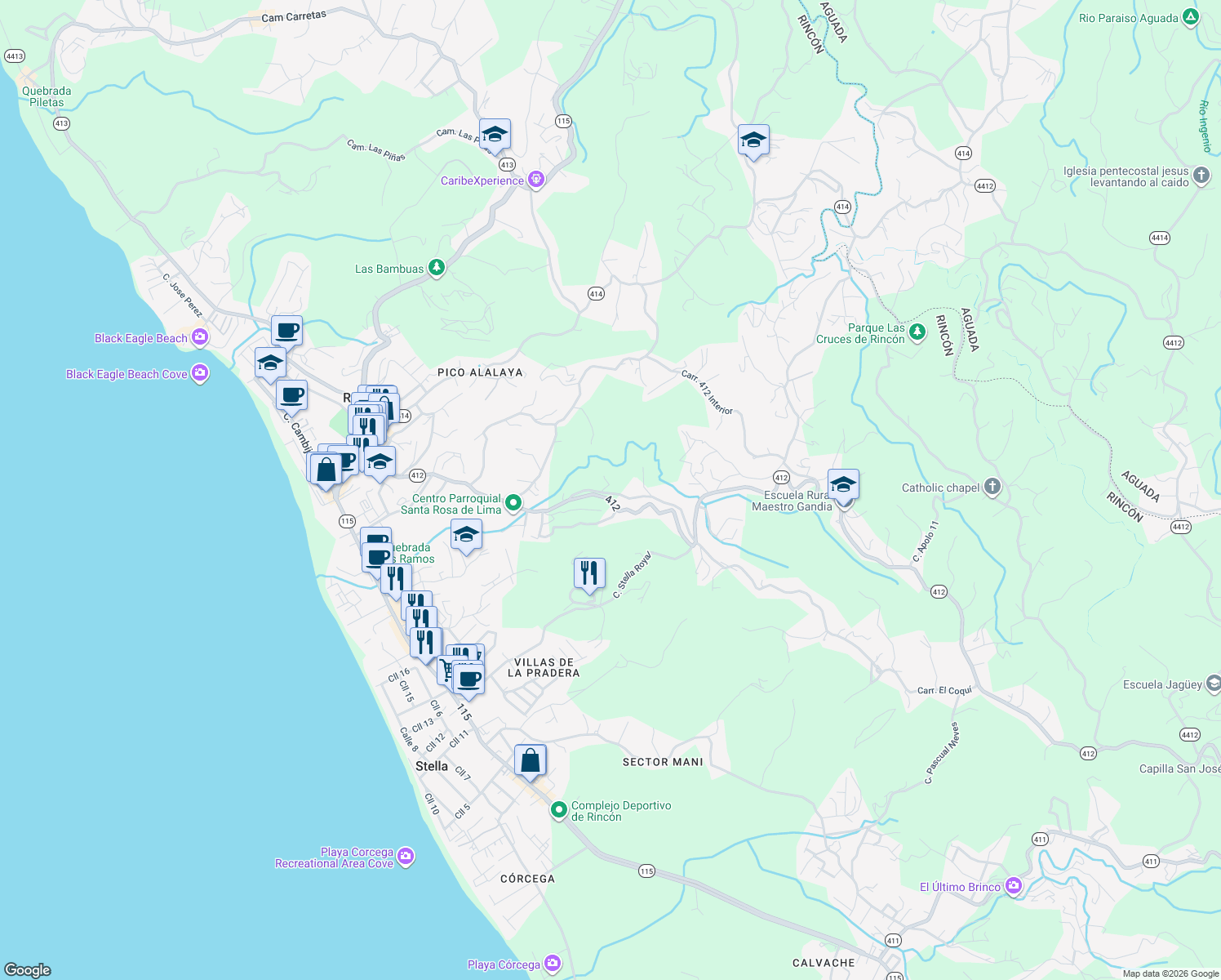 map of restaurants, bars, coffee shops, grocery stores, and more near Puerto Rico 412 in Rincón