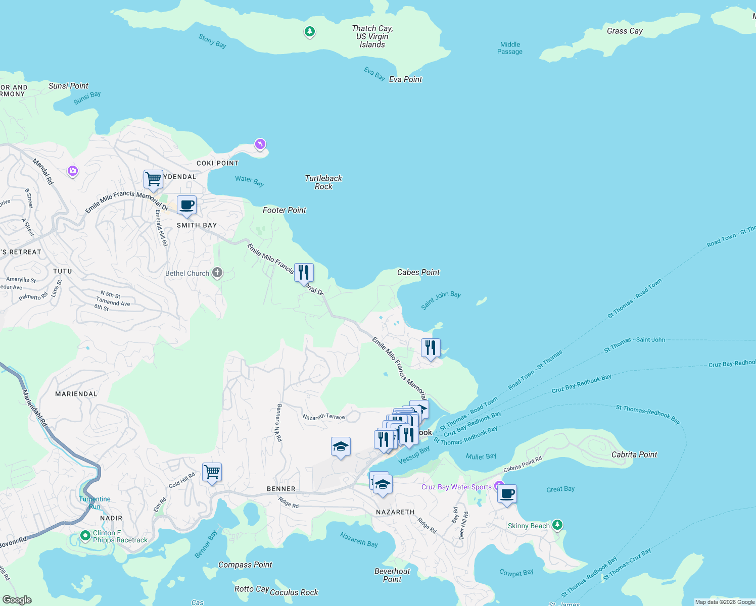 map of restaurants, bars, coffee shops, grocery stores, and more near Pavilion Road in East End