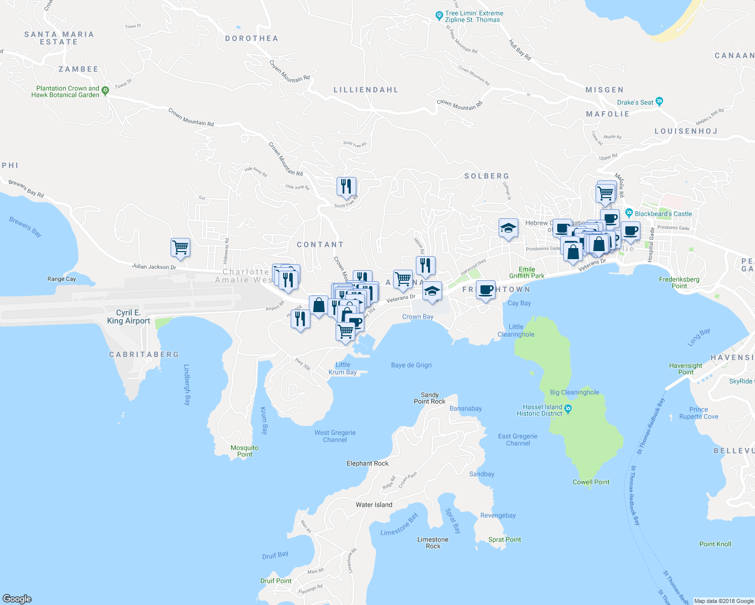 map of restaurants, bars, coffee shops, grocery stores, and more near Highway 30 in Charlotte Amalie West