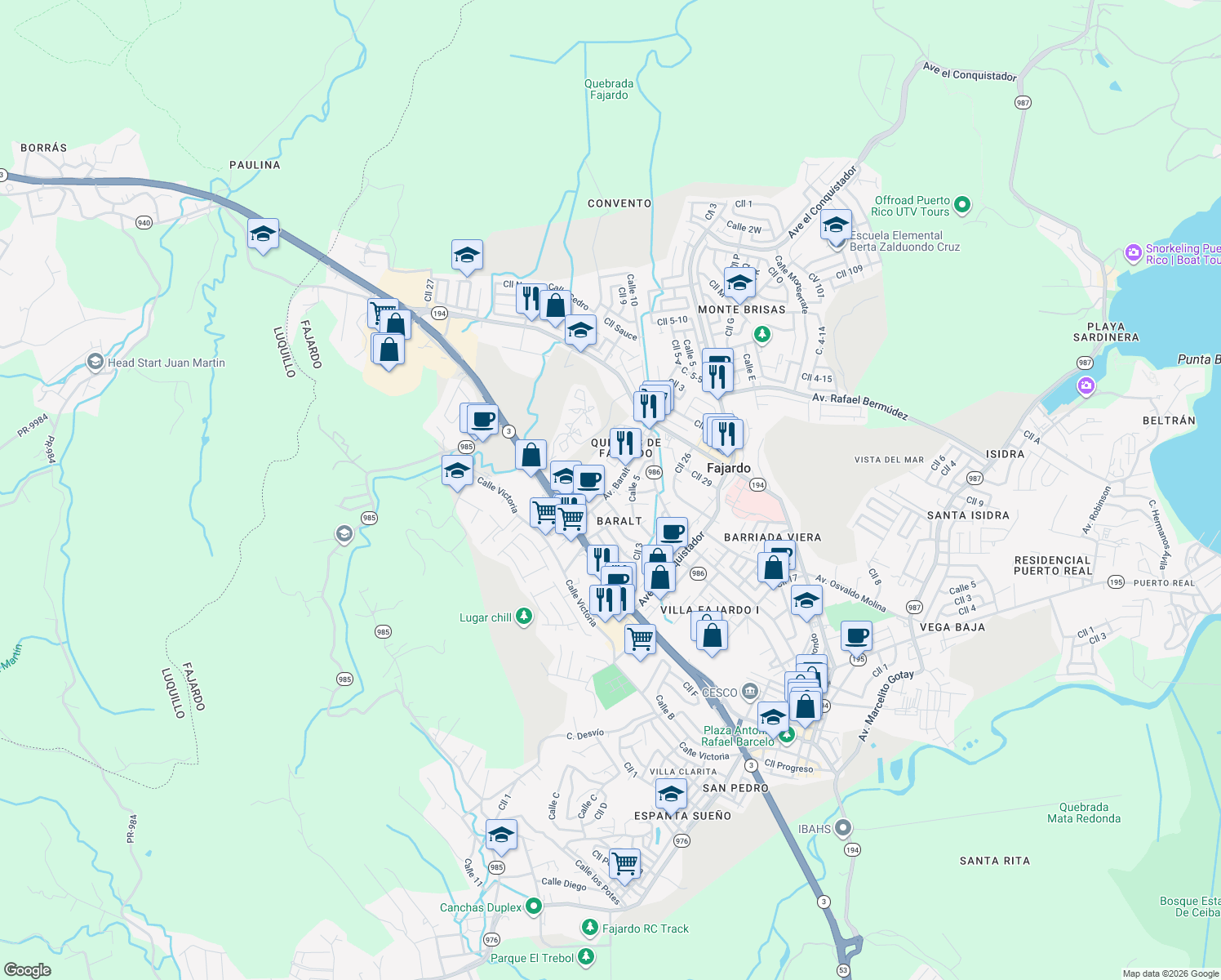 map of restaurants, bars, coffee shops, grocery stores, and more near 19-25 Calle Principal in Fajardo