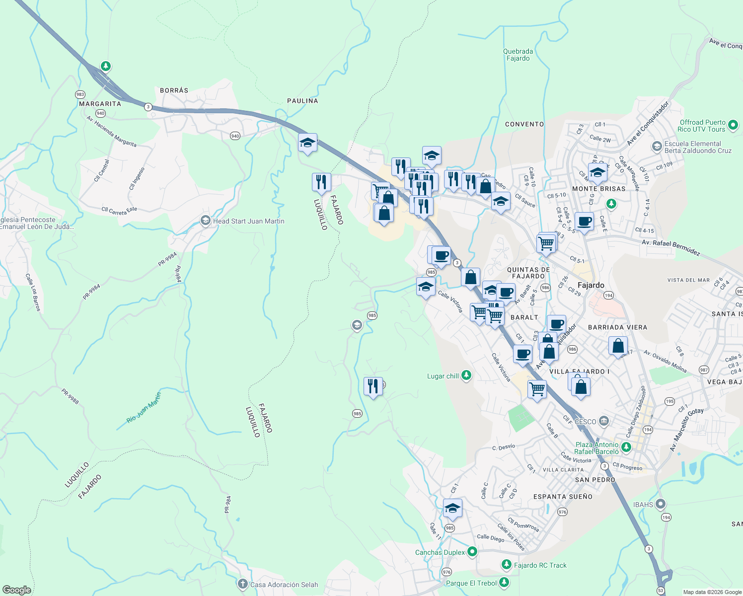 map of restaurants, bars, coffee shops, grocery stores, and more near in Fajardo