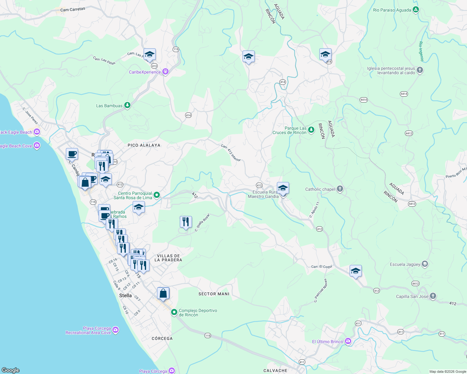 map of restaurants, bars, coffee shops, grocery stores, and more near Puerto Rico 412 in Aguada